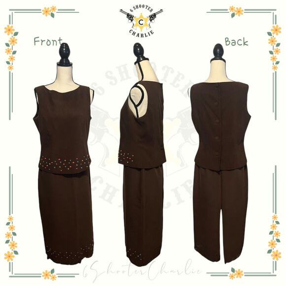JESSICA HOWARD 2 PC Top Skirt Lined Set Womens 12 Petite Brown Beaded Rocks - Picture 1 of 8